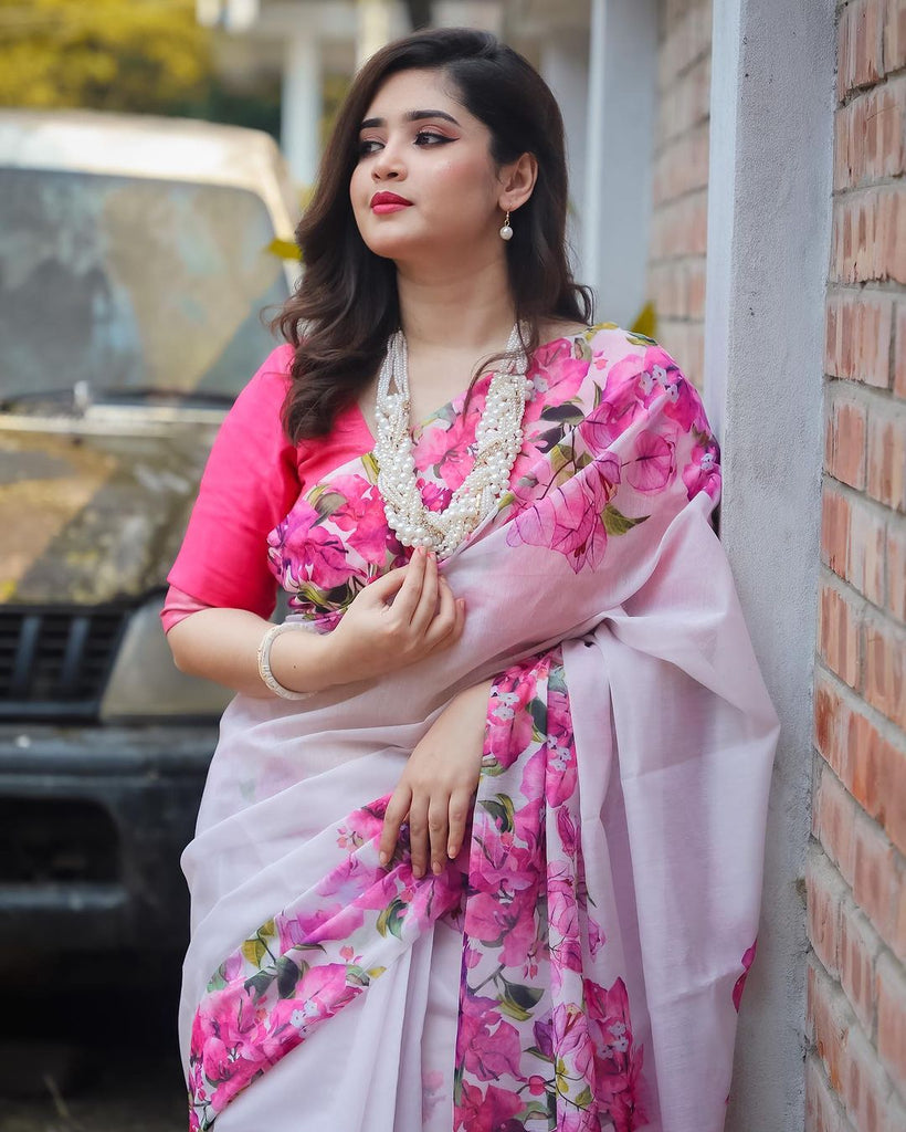 Handloom Traditional White & Pink Pure Cotton Jamdani Saree