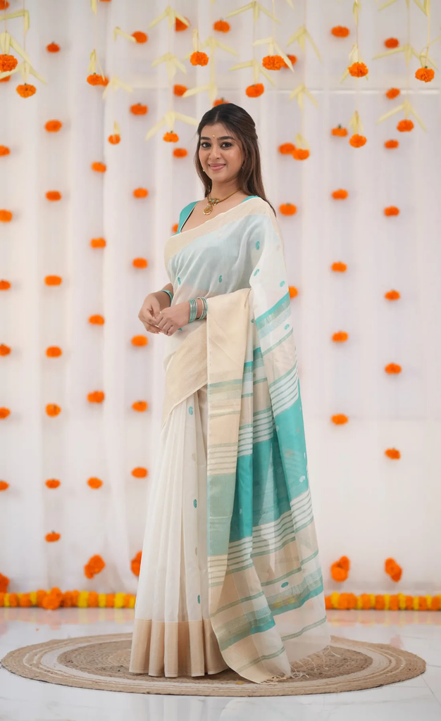 Cream X Teal Blue Pure Linen Cotton Silk Saree With Blouse Piece