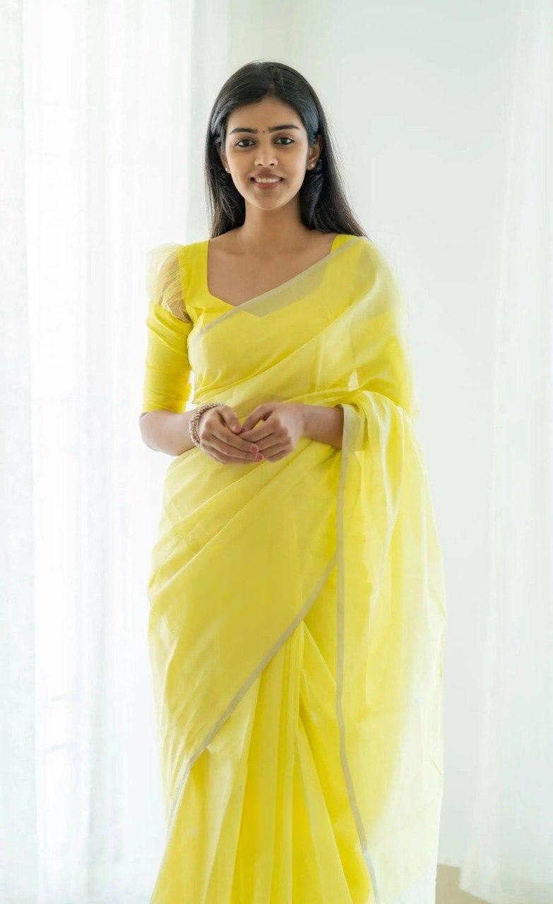 Yellow Pure Linen Cotton Silk Saree With Blouse Piece