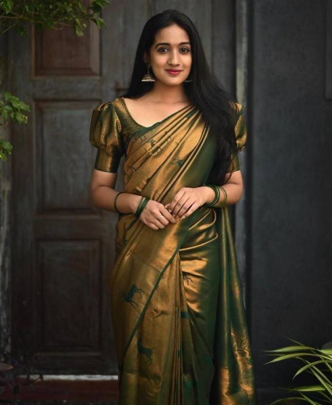 Kuberapattu Dark Green Haran Print Kanjivaram Silk Jacquard Saree