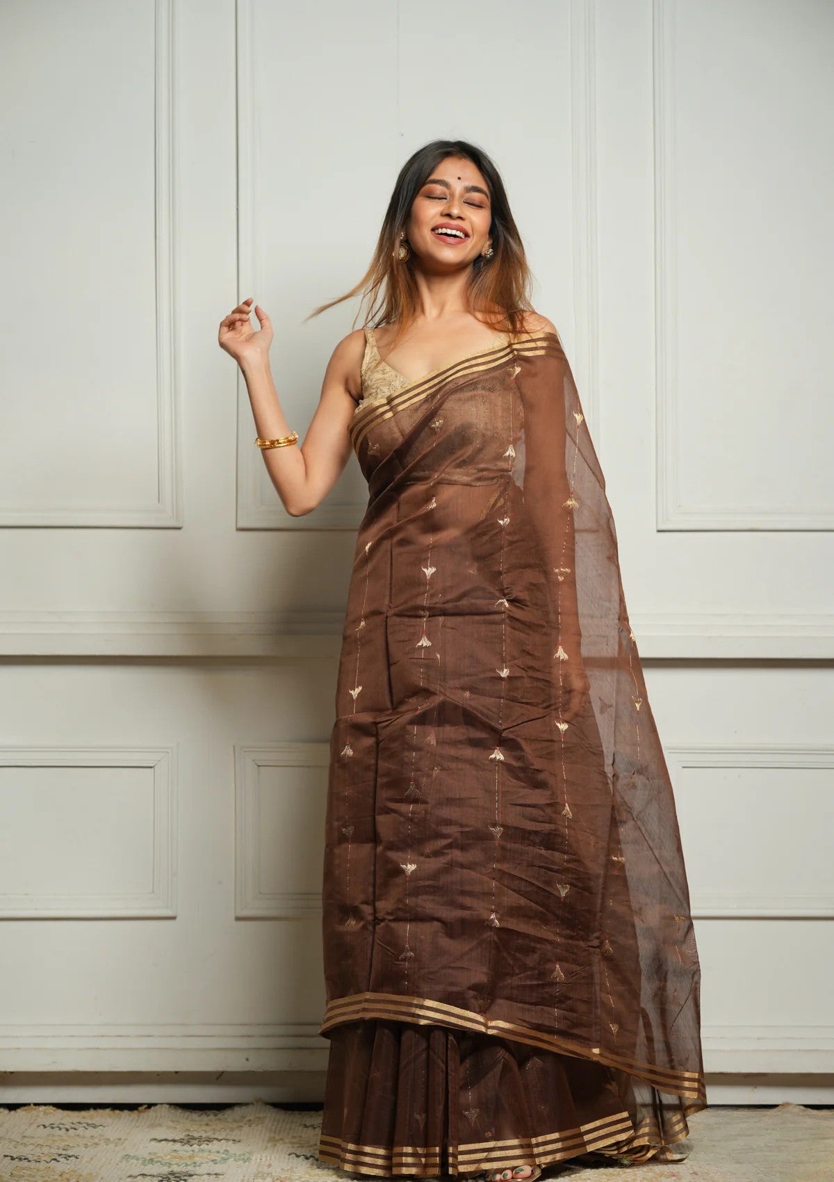 Brown Rich Pure Linen Cotton Silk Saree With Blouse Piece