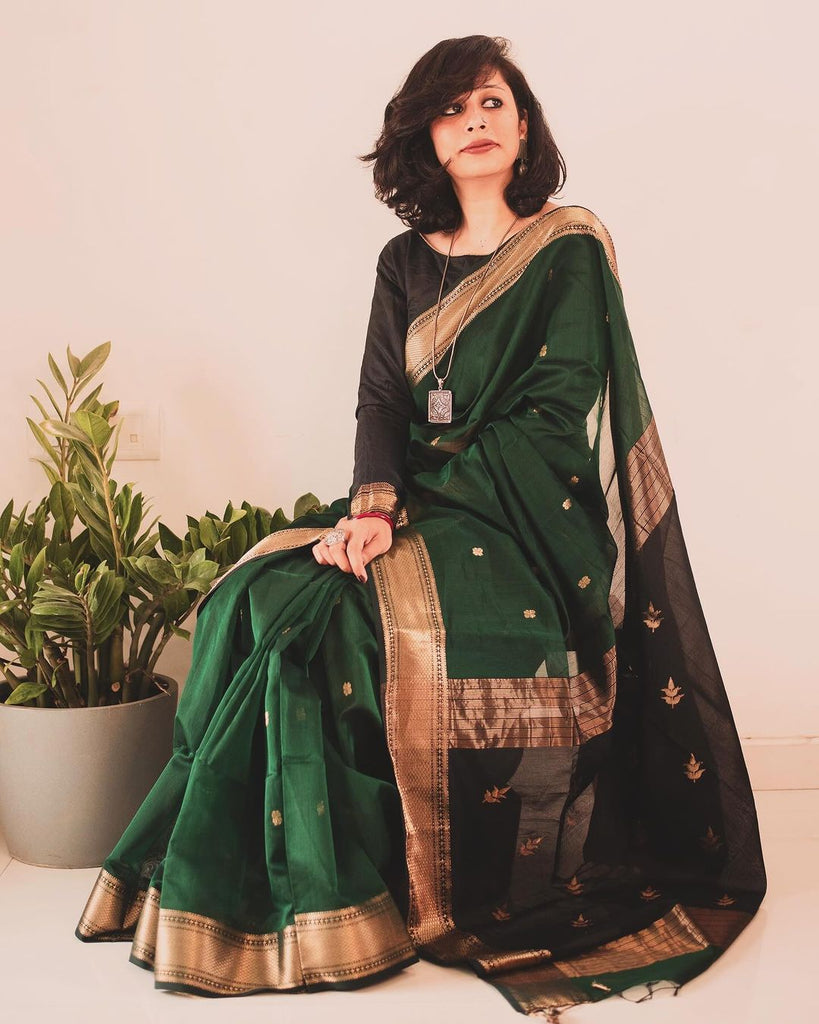 Handloom Green Light Weight Soft Cotton Silk Saree With Blouse Piece