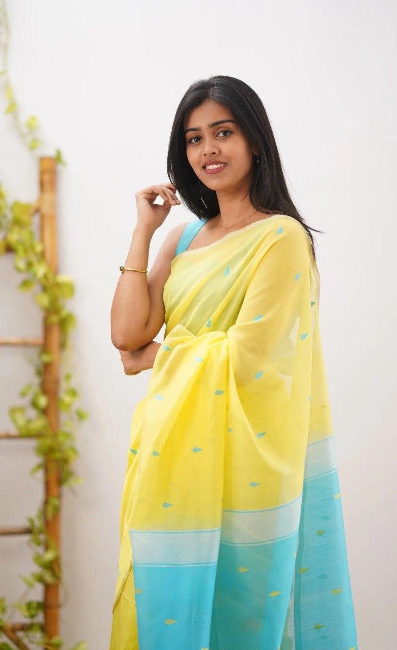 Yellow Sky Pure Linen Cotton Silk Saree With Blouse Piece