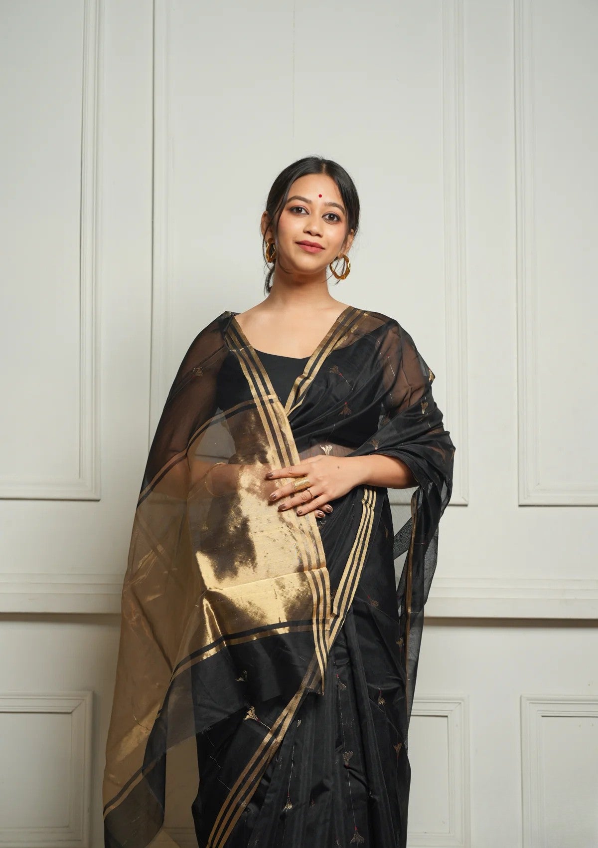 Black Rich Pure Linen Cotton Silk Saree With Blouse Piece