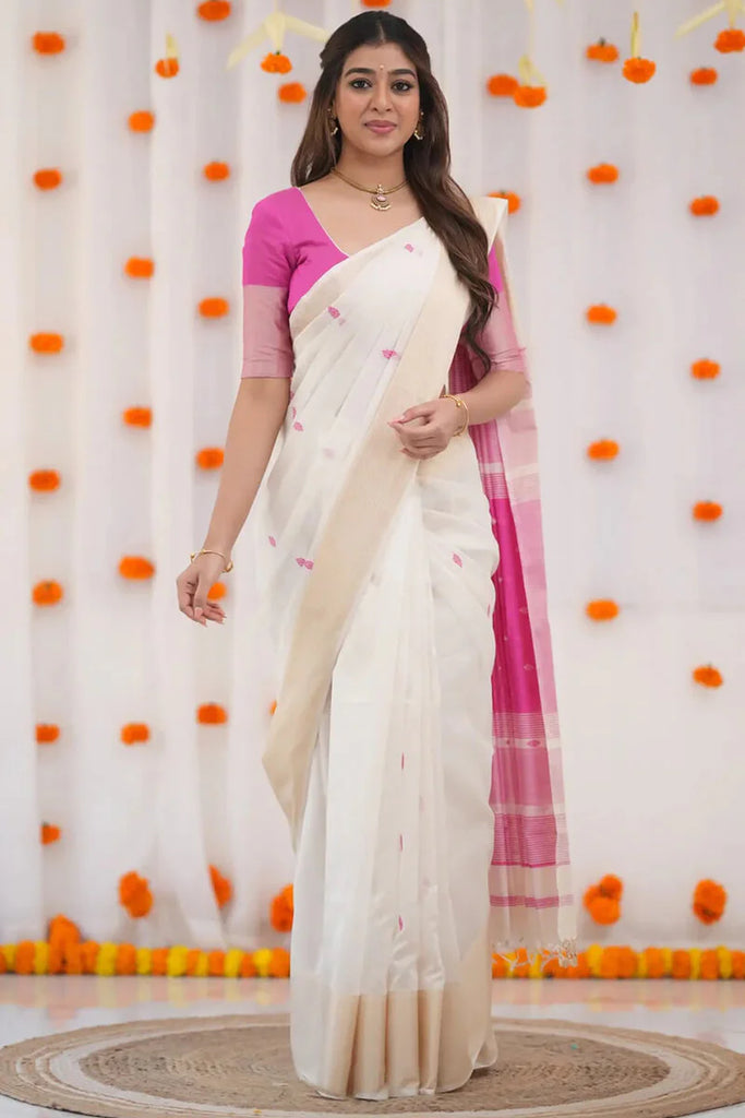 Cream X Pink Pure Linen Cotton Silk Saree With Blouse Piece