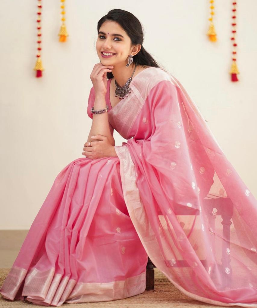 Baby Pink Pure Soft Linen Cotton Silk Saree With Blouse Piece