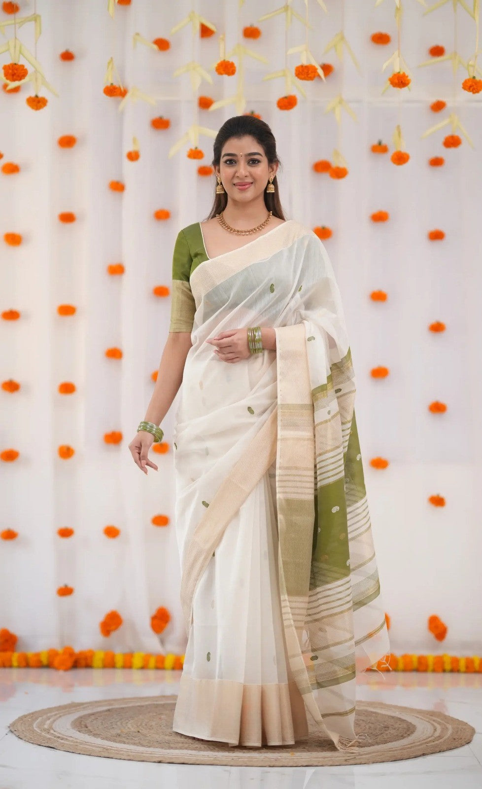 Cream X Green Pure Linen Cotton Silk Saree With Blouse Piece