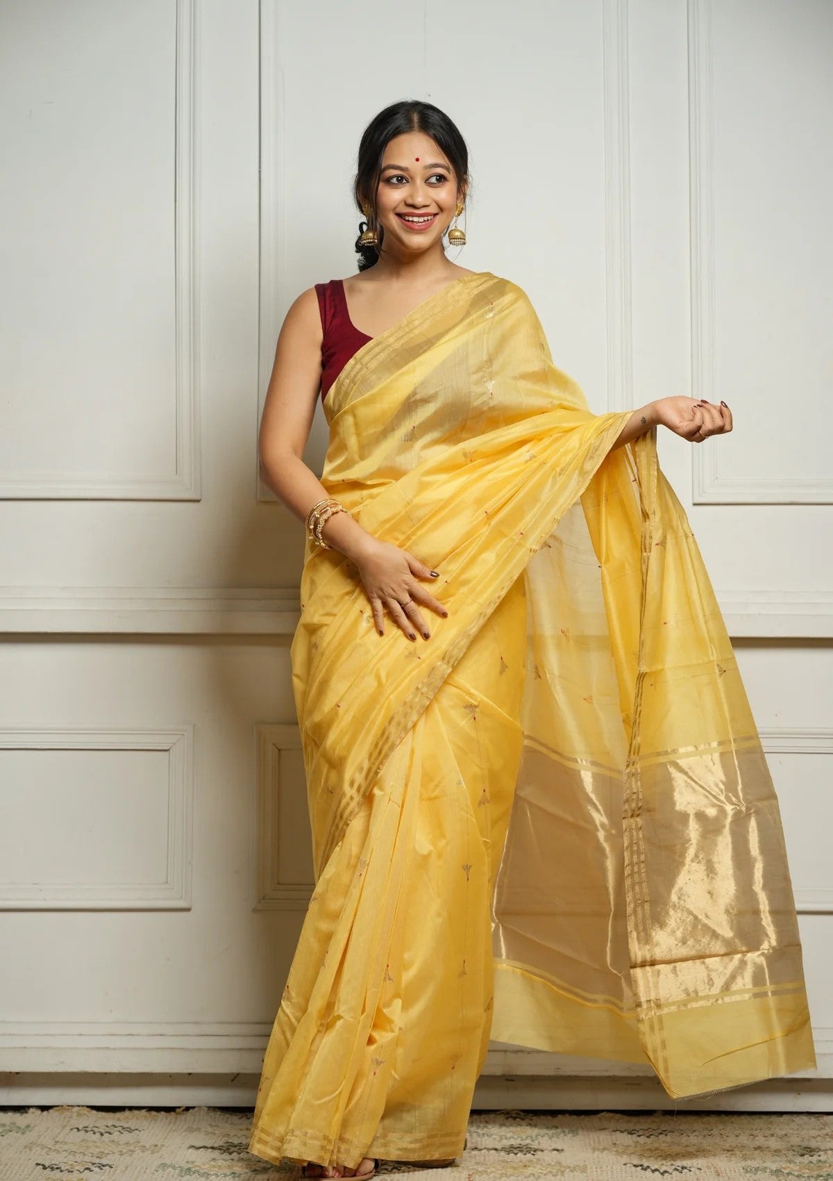 Yellow Rich Pure Linen Cotton Silk Saree With Blouse Piece