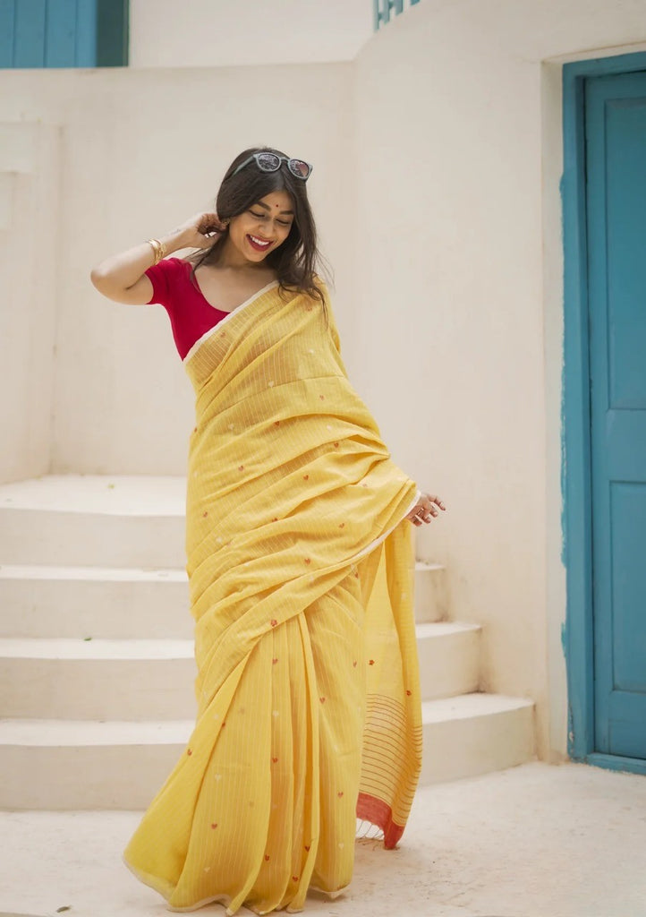 Yellow Soft Cotton Silk Saree With Blouse Piece