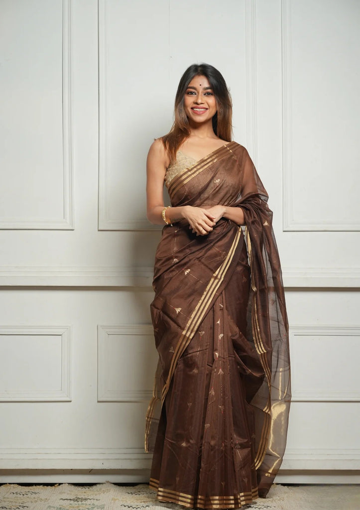 Brown Rich Pure Linen Cotton Silk Saree With Blouse Piece