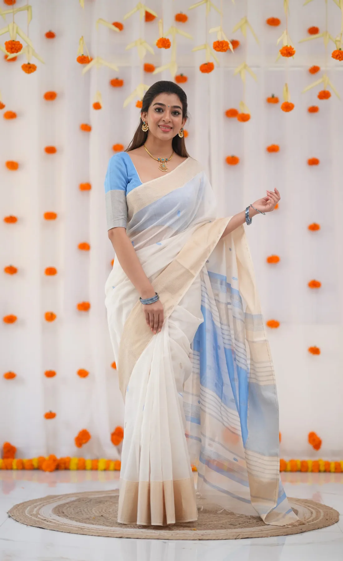 Cream X Sky Pure Linen Cotton Silk Saree With Blouse Piece