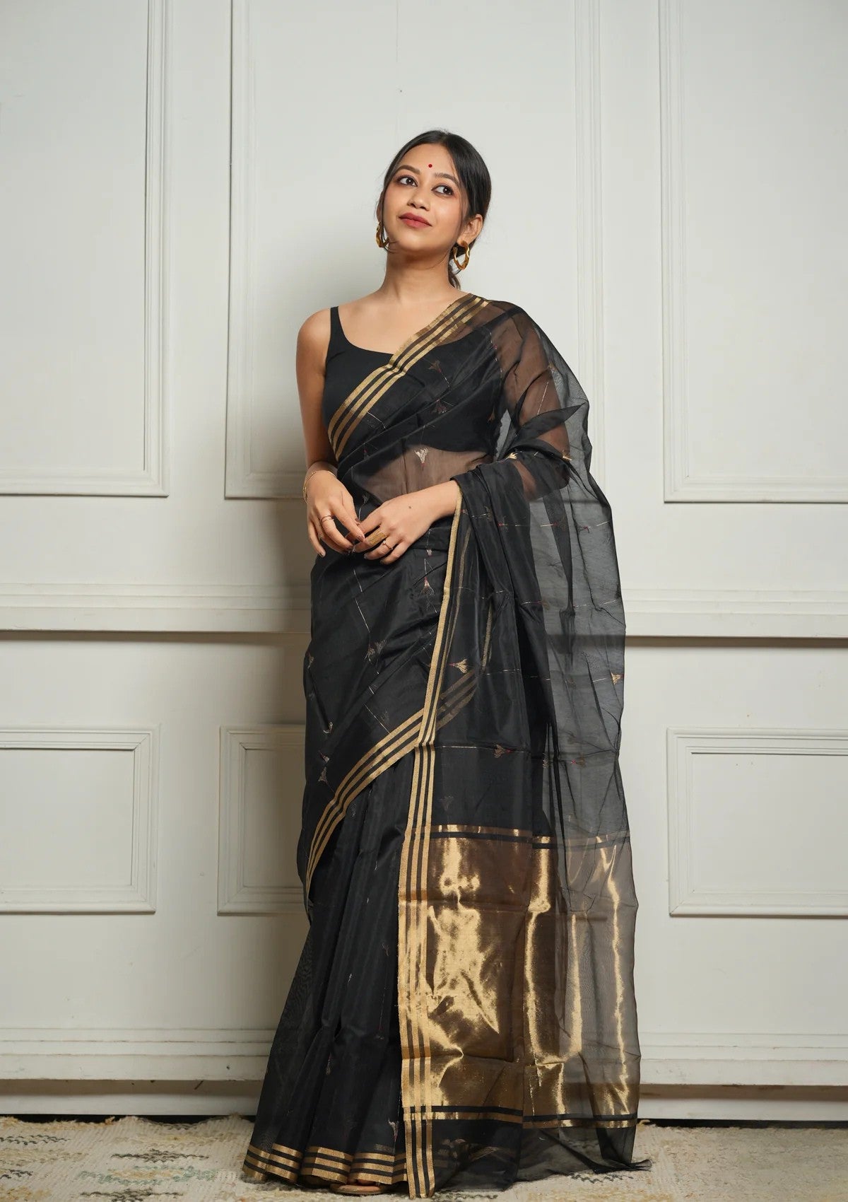 Black Rich Pure Linen Cotton Silk Saree With Blouse Piece