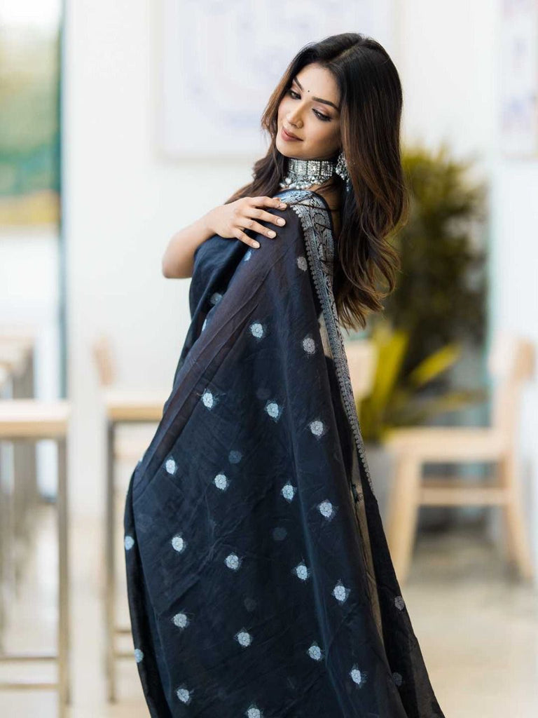 Black Soft Cotton Silk Saree With Blouse Piece