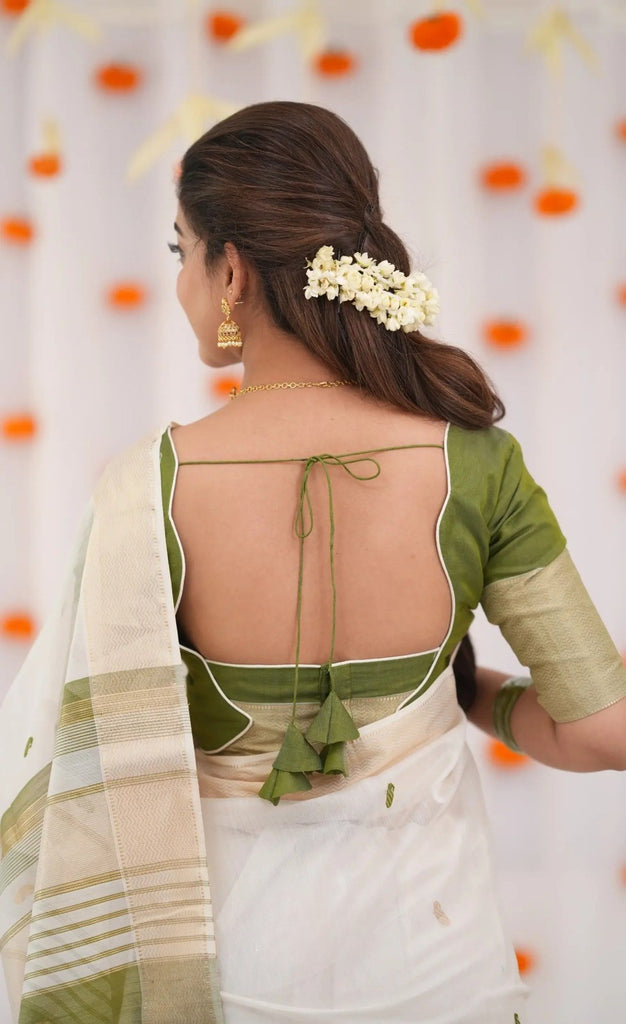 Cream X Green Pure Linen Cotton Silk Saree With Blouse Piece