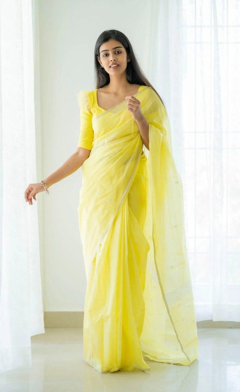Yellow Pure Linen Cotton Silk Saree With Blouse Piece
