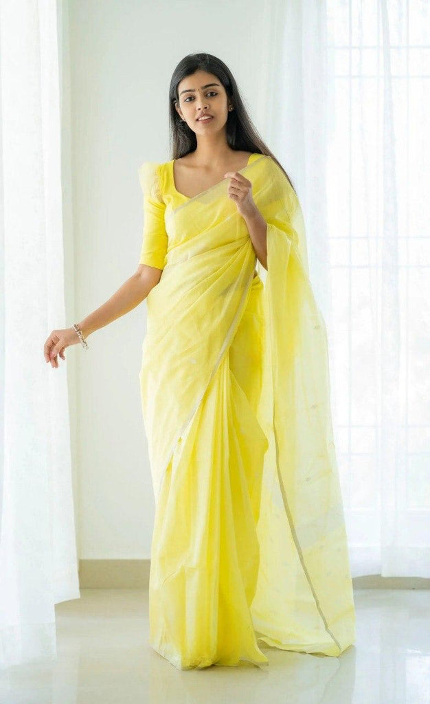 Yellow Pure Linen Cotton Silk Saree With Blouse Piece