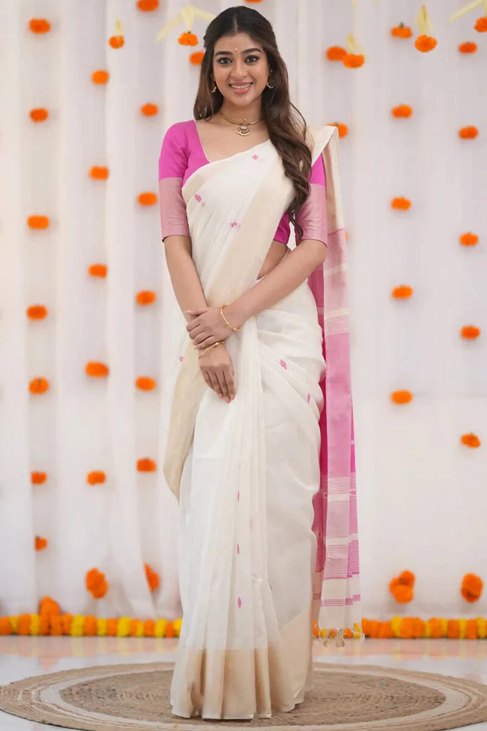 Cream X Pink Pure Linen Cotton Silk Saree With Blouse Piece