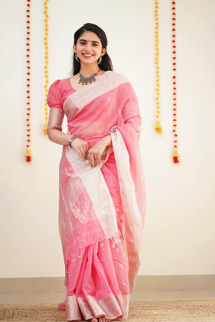 Baby Pink Pure Soft Linen Cotton Silk Saree With Blouse Piece
