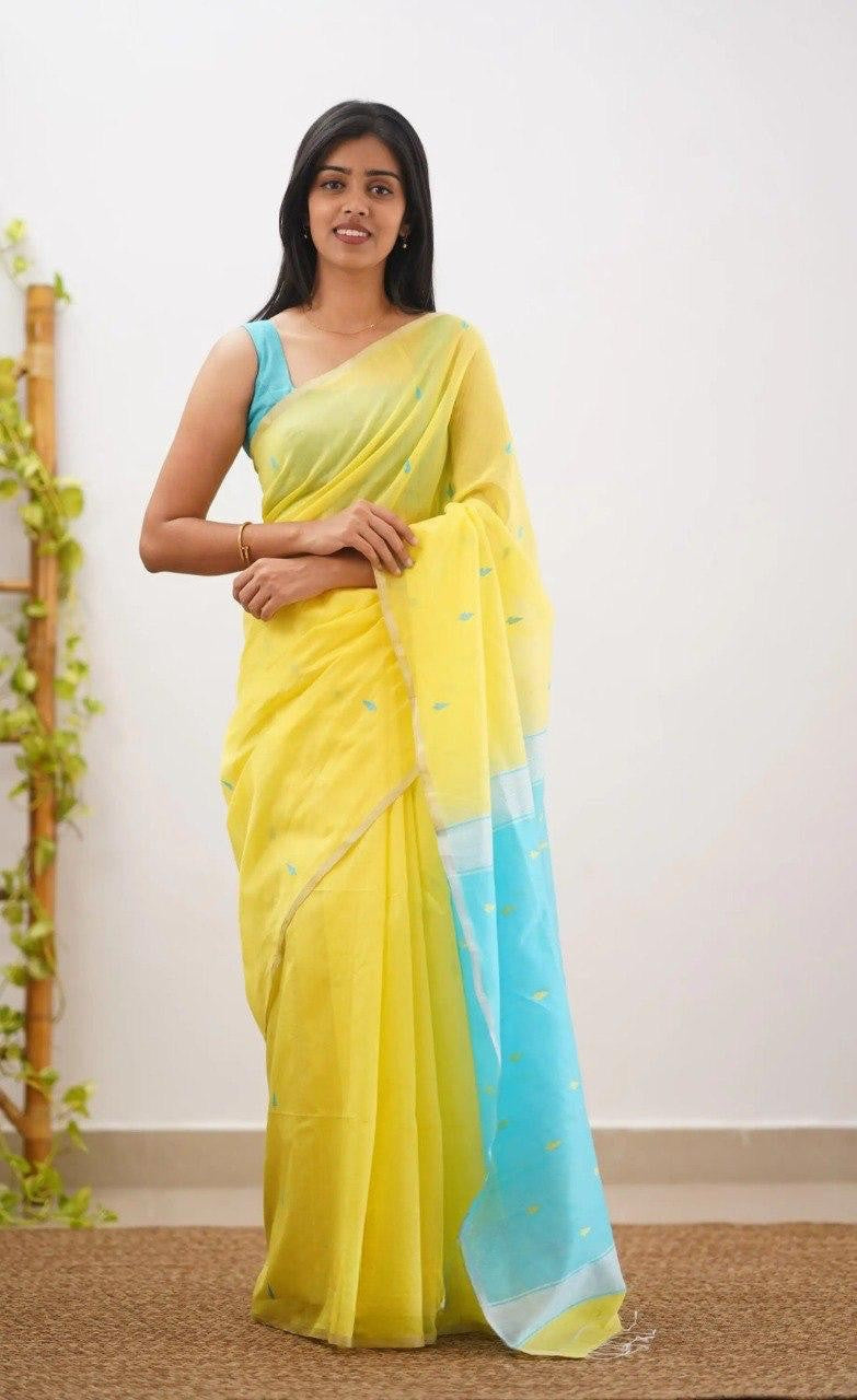 Yellow Sky Pure Linen Cotton Silk Saree With Blouse Piece