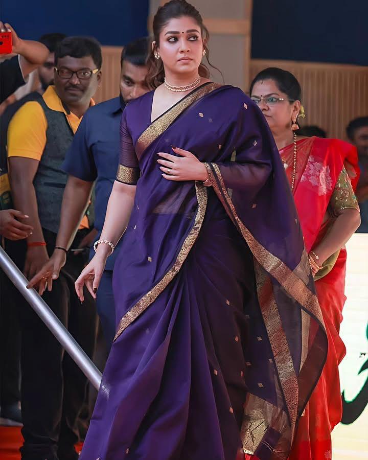 Nayanthara New Purple Soft Linen Cotton Silk Saree With Blouse Piece