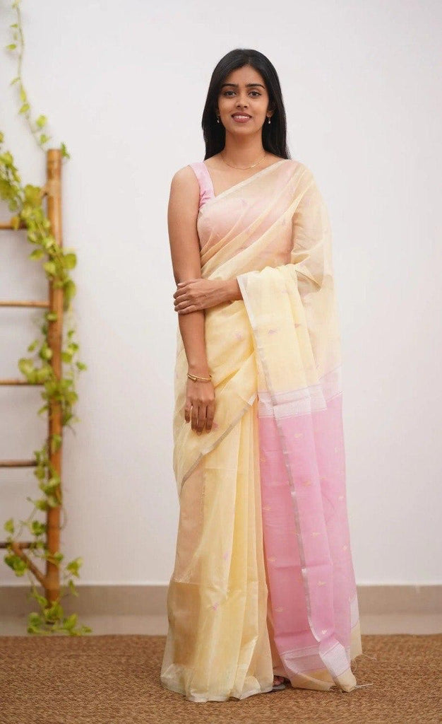 Cream Yellow Pure Linen Cotton Silk Saree With Blouse Piece