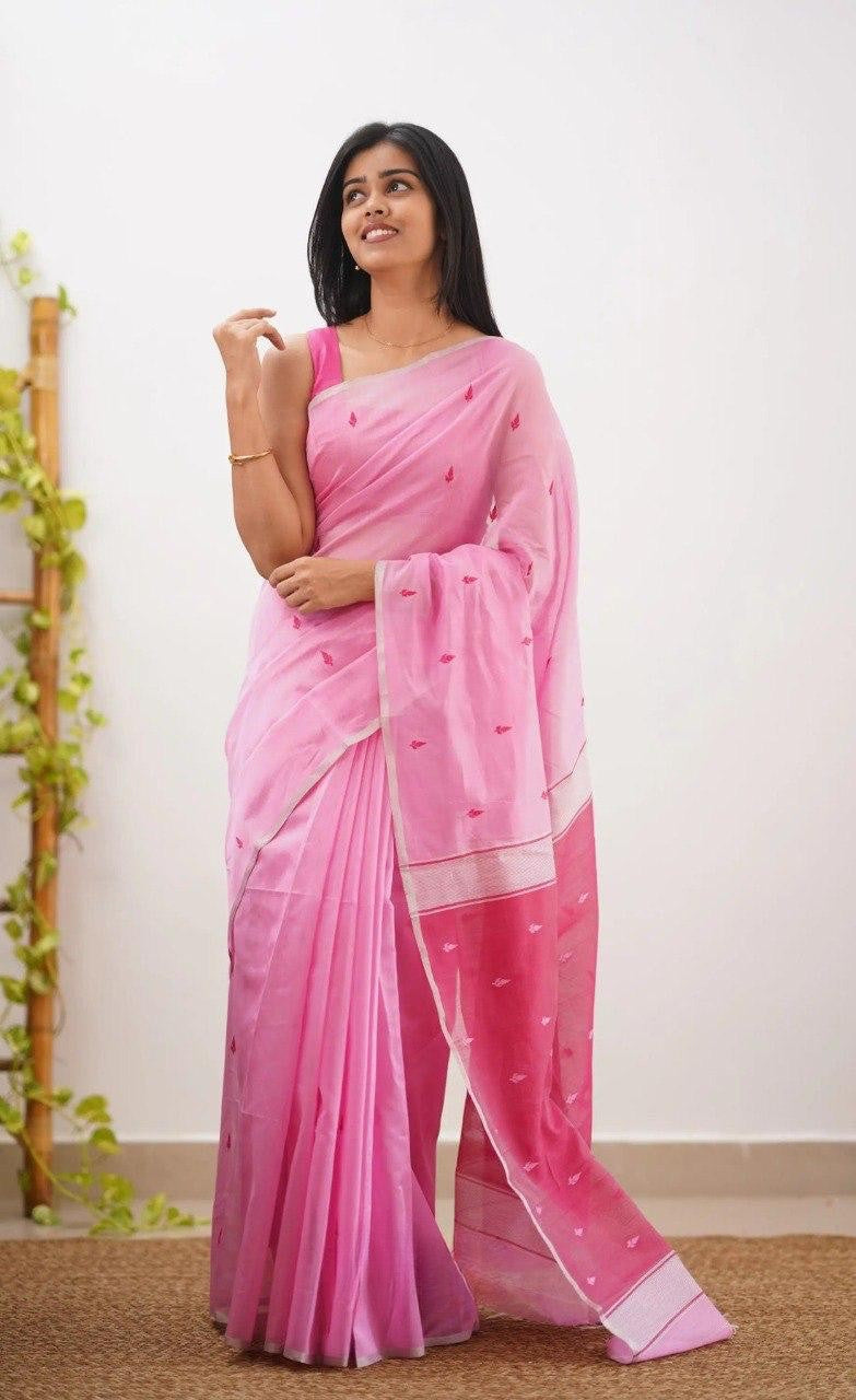 Baby Pink Soft Linen Cotton Silk Saree With Blouse Piece