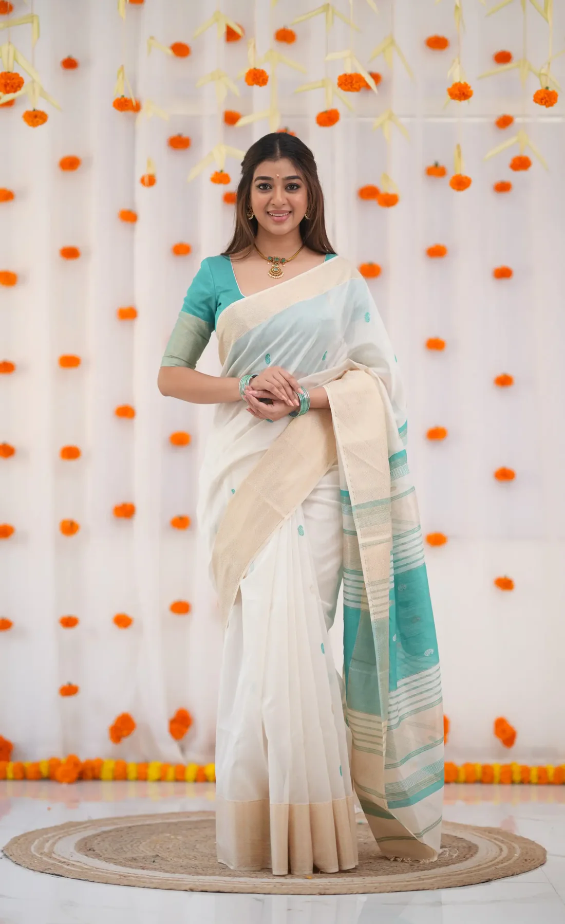 Cream X Teal Blue Pure Linen Cotton Silk Saree With Blouse Piece
