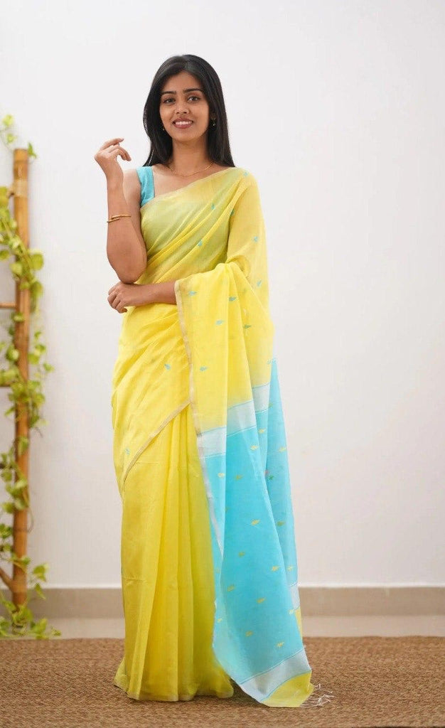 Yellow Sky Pure Linen Cotton Silk Saree With Blouse Piece