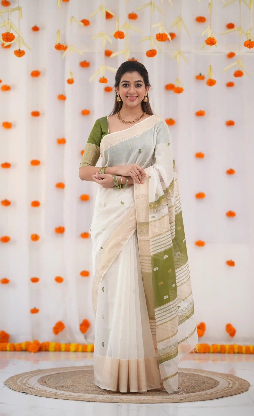 Cream X Green Pure Linen Cotton Silk Saree With Blouse Piece