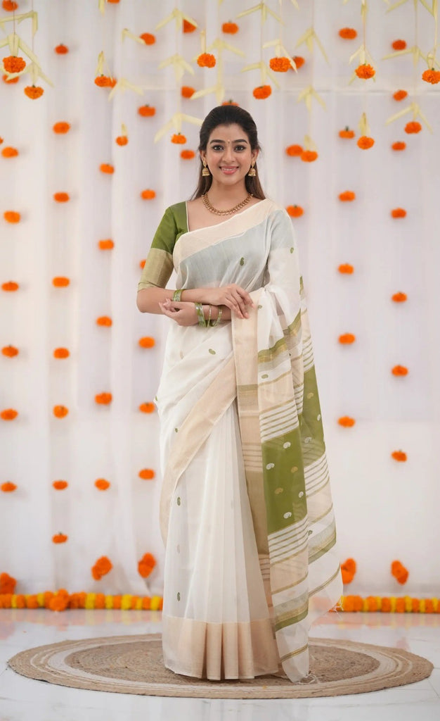 Cream X Green Pure Linen Cotton Silk Saree With Blouse Piece