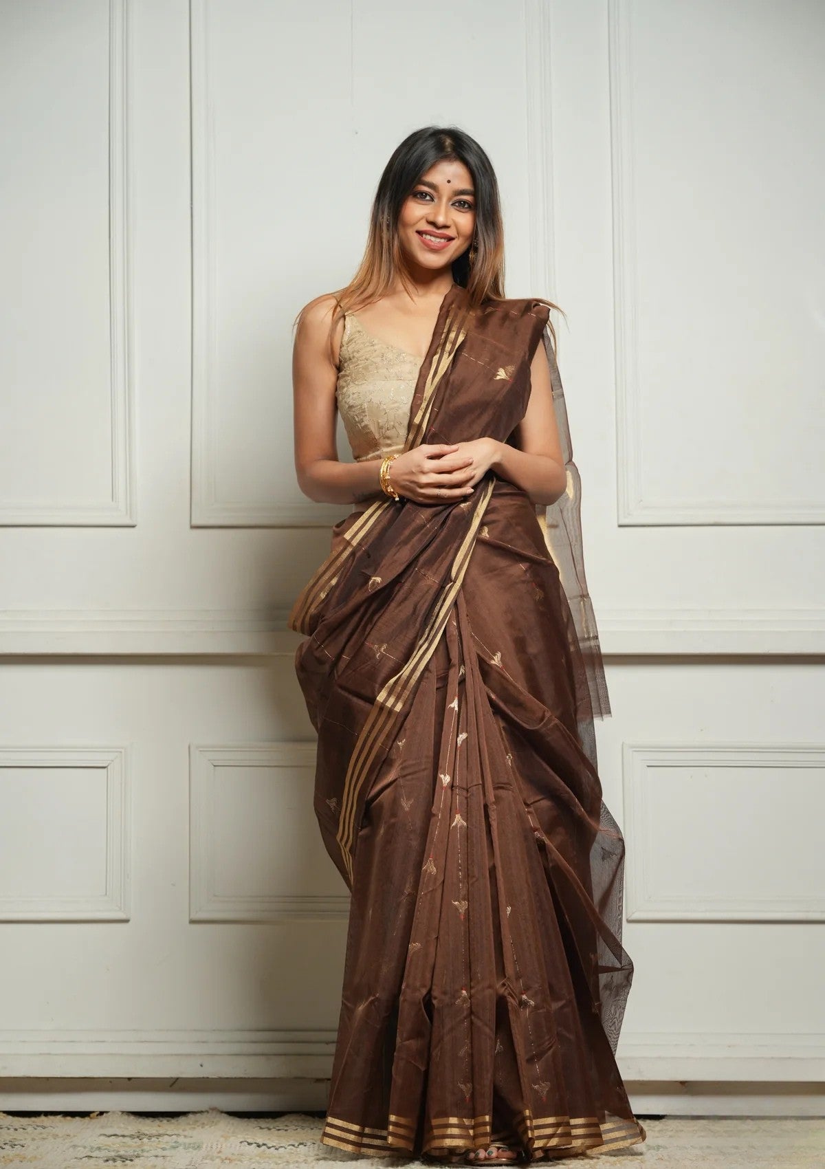 Brown Rich Pure Linen Cotton Silk Saree With Blouse Piece
