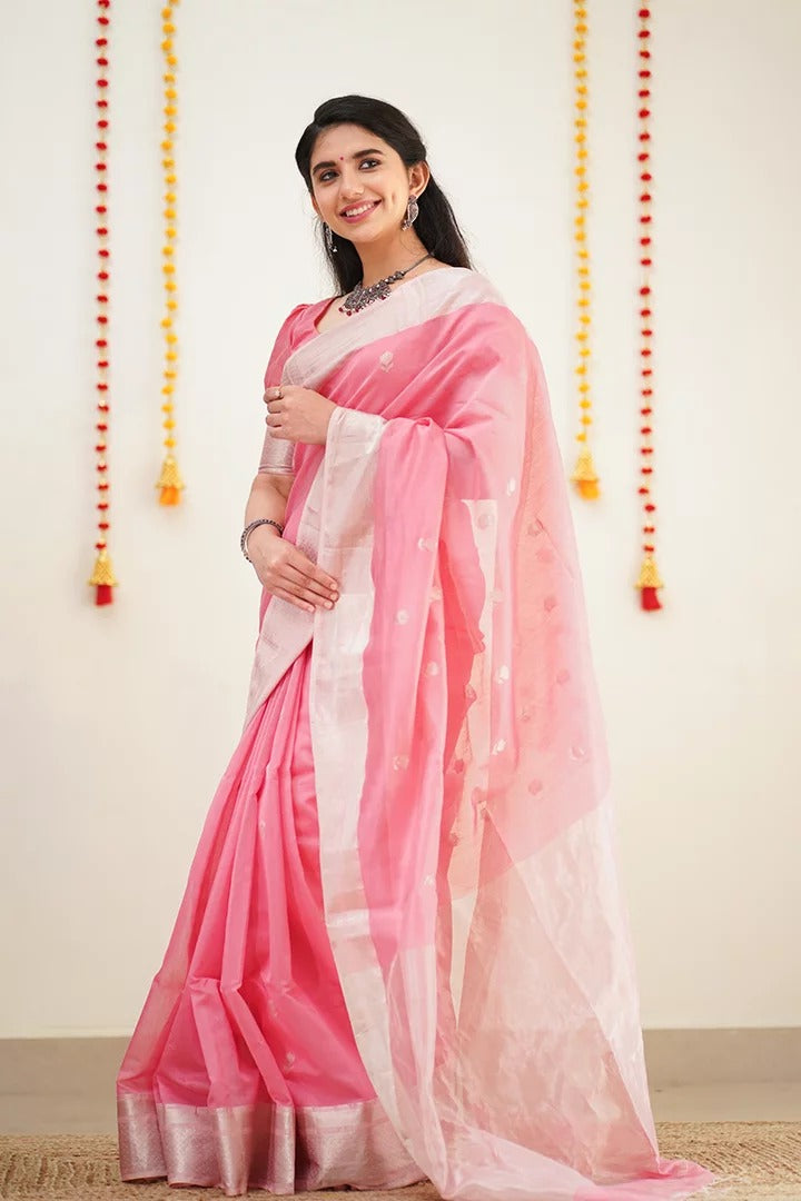 Baby Pink Pure Soft Linen Cotton Silk Saree With Blouse Piece