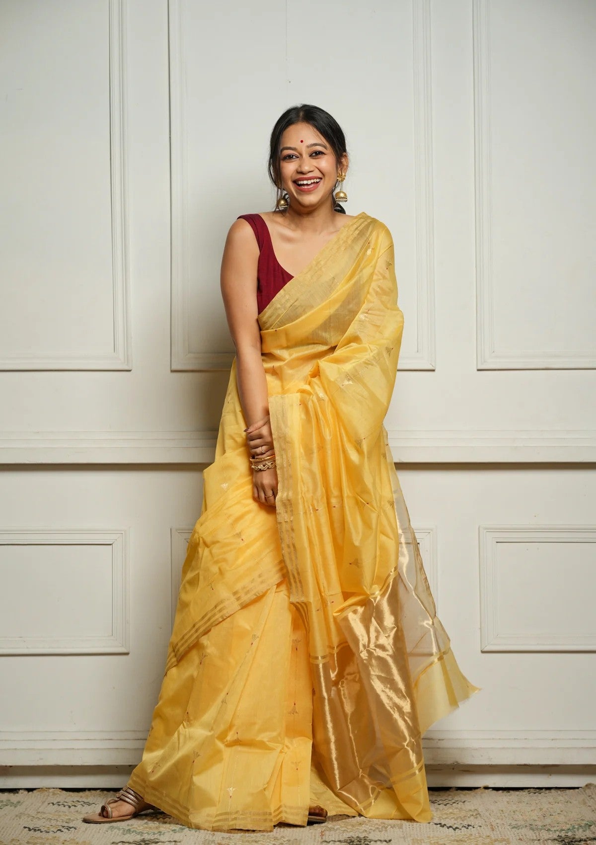 Yellow Rich Pure Linen Cotton Silk Saree With Blouse Piece