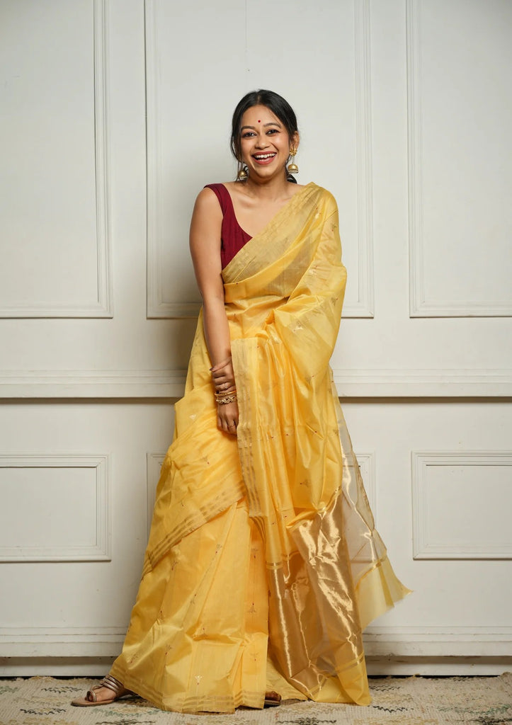 Yellow Rich Pure Linen Cotton Silk Saree With Blouse Piece