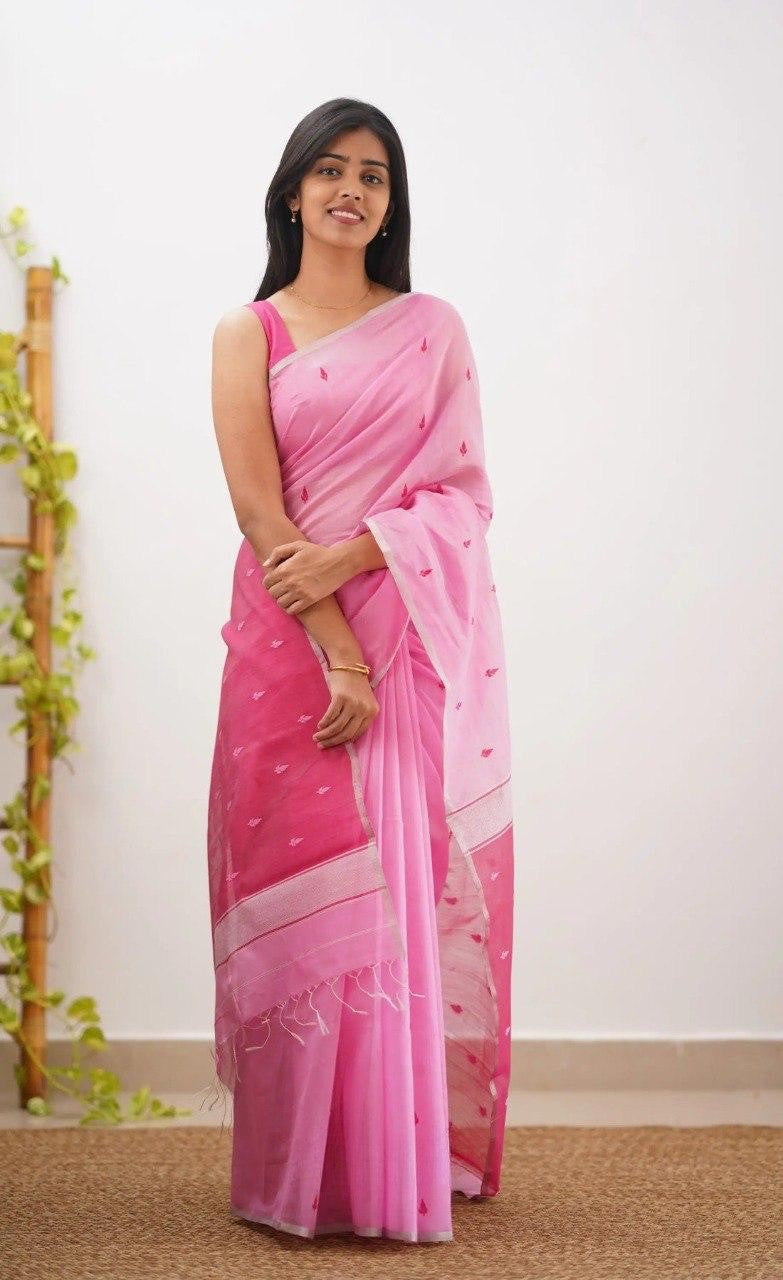 Baby Pink Soft Linen Cotton Silk Saree With Blouse Piece