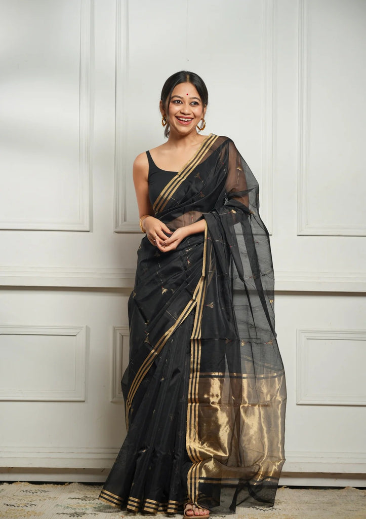 Black Rich Pure Linen Cotton Silk Saree With Blouse Piece