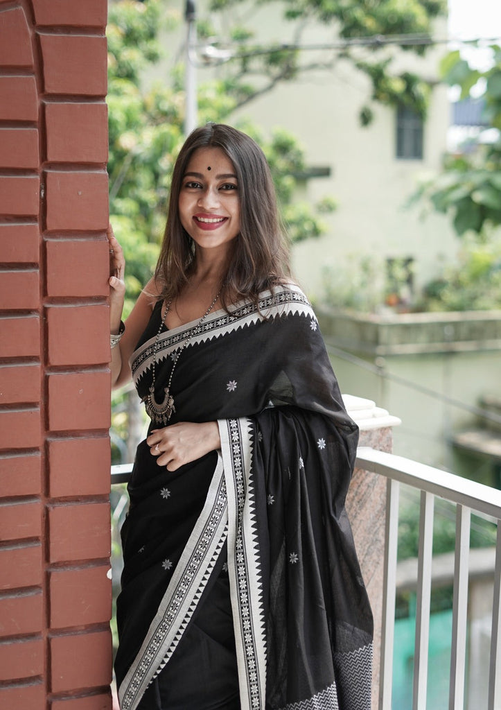Black & White Soft Cotton Silk Saree With Blouse Piece