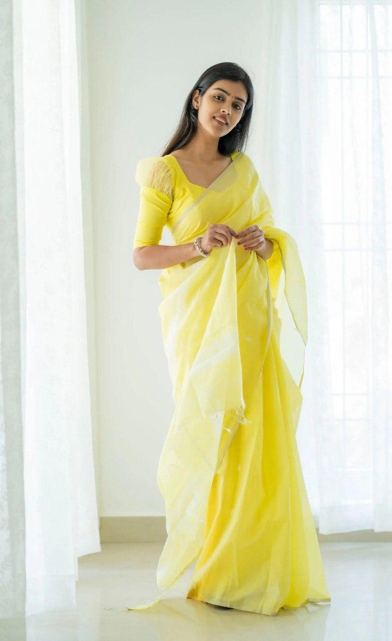 Yellow Pure Linen Cotton Silk Saree With Blouse Piece