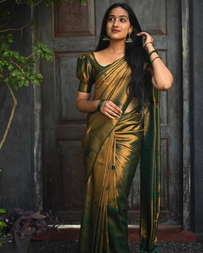 Kuberapattu Dark Green Haran Print Kanjivaram Silk Jacquard Saree