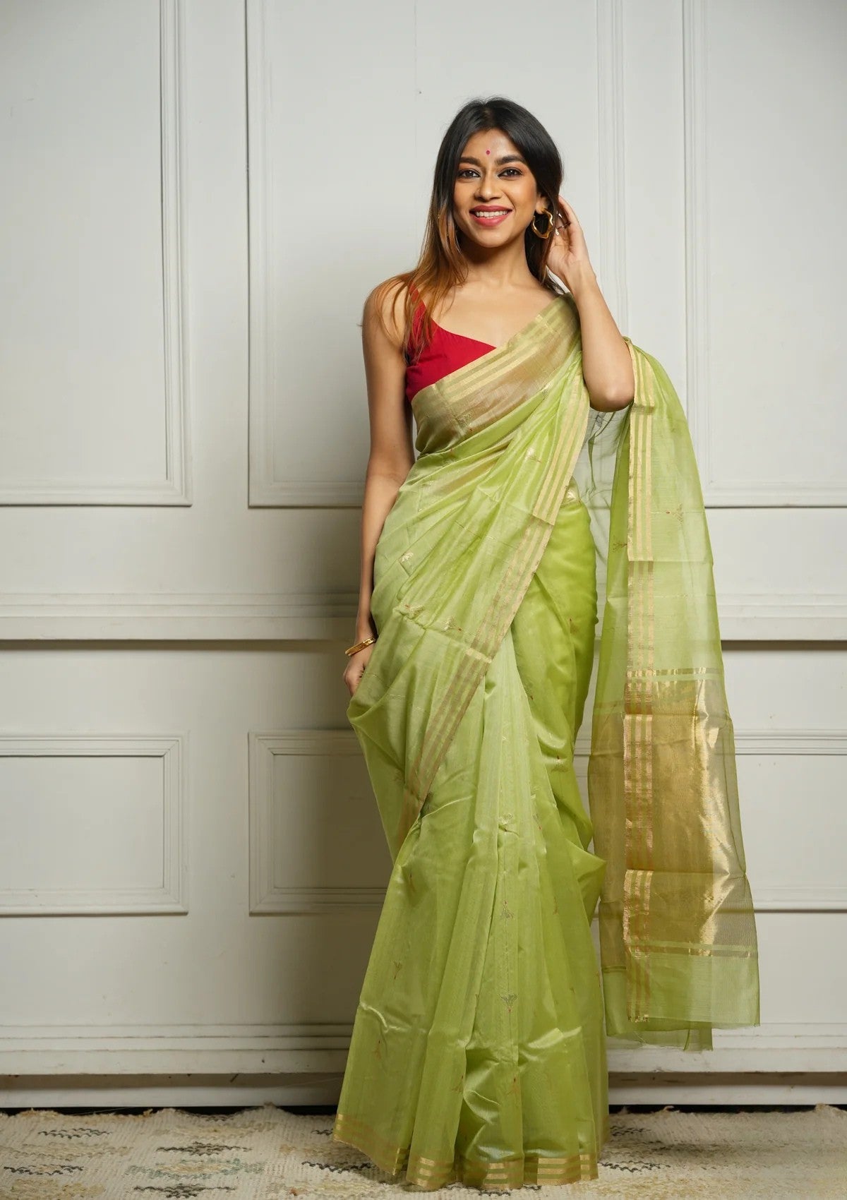 Pista Rich Pure Linen Cotton Silk Saree With Blouse Piece