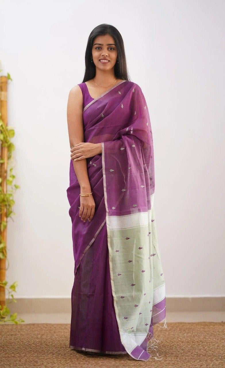 Wine Pure Linen Cotton Silk Saree With Blouse Piece
