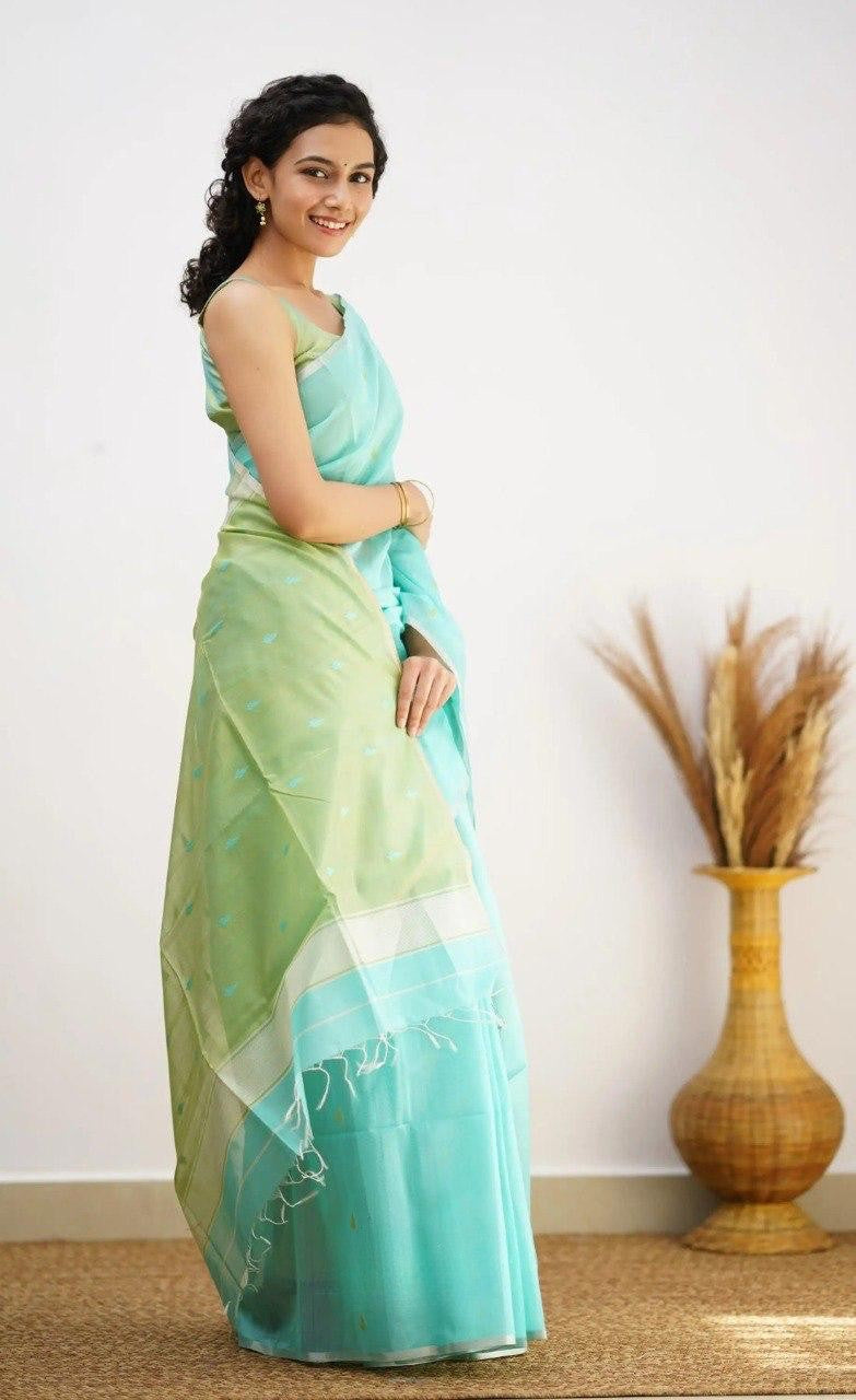 Sky Blue Pure Soft Linen Cotton Silk Saree With Blouse Piece