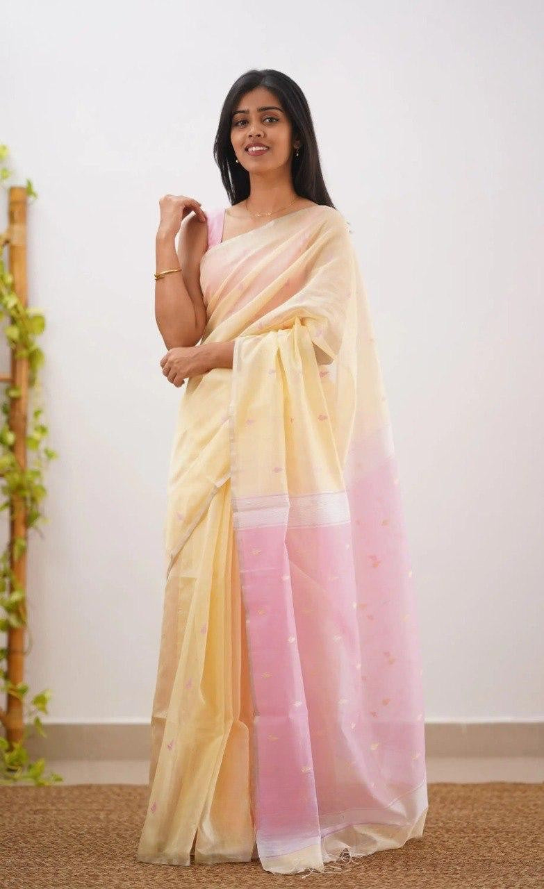 Cream Yellow Pure Linen Cotton Silk Saree With Blouse Piece