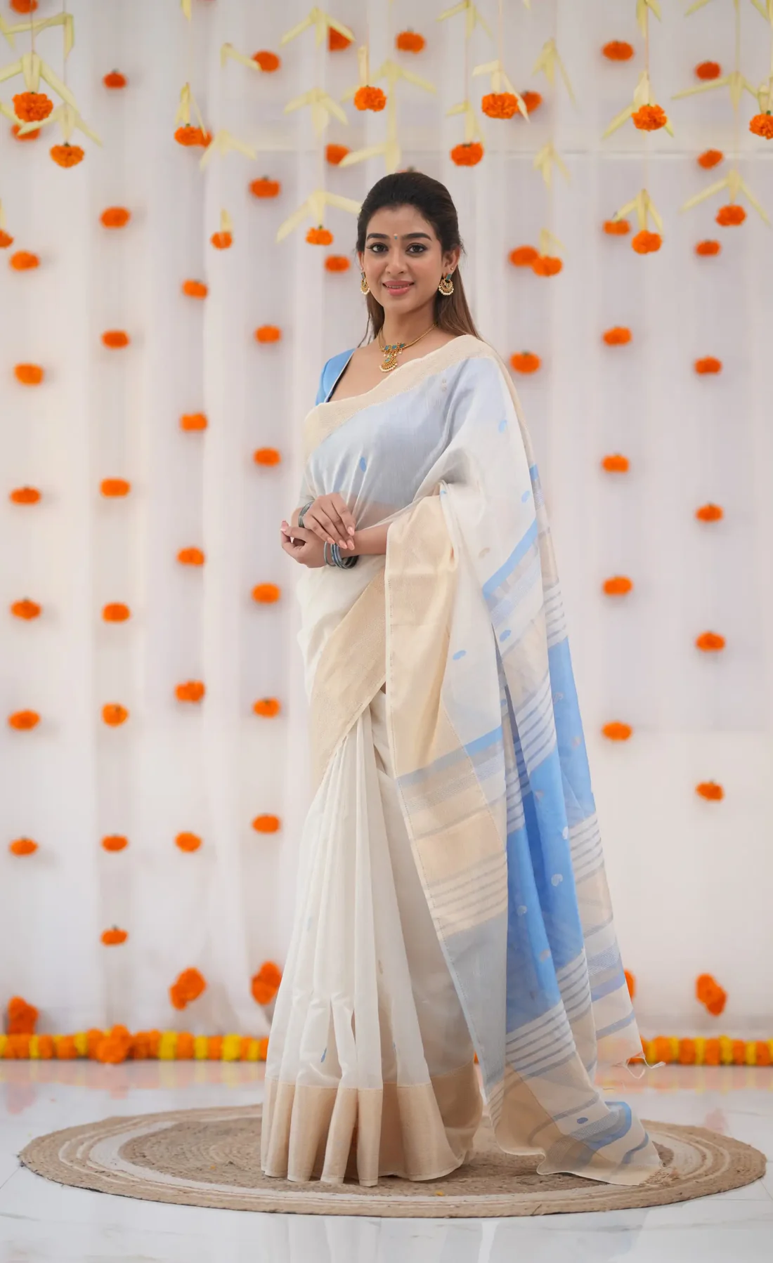 Cream X Sky Pure Linen Cotton Silk Saree With Blouse Piece