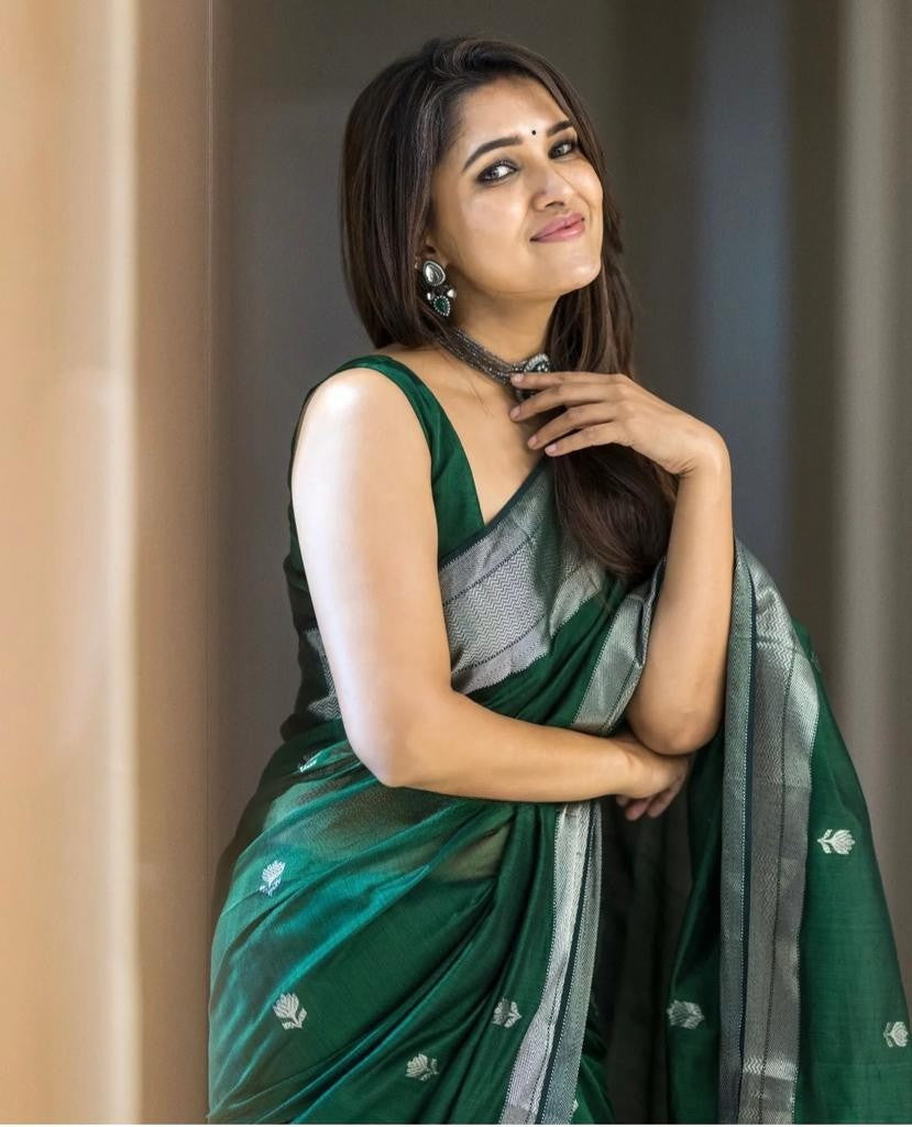 Green Pure Soft Linen Cotton Silk Saree With Blouse Piece