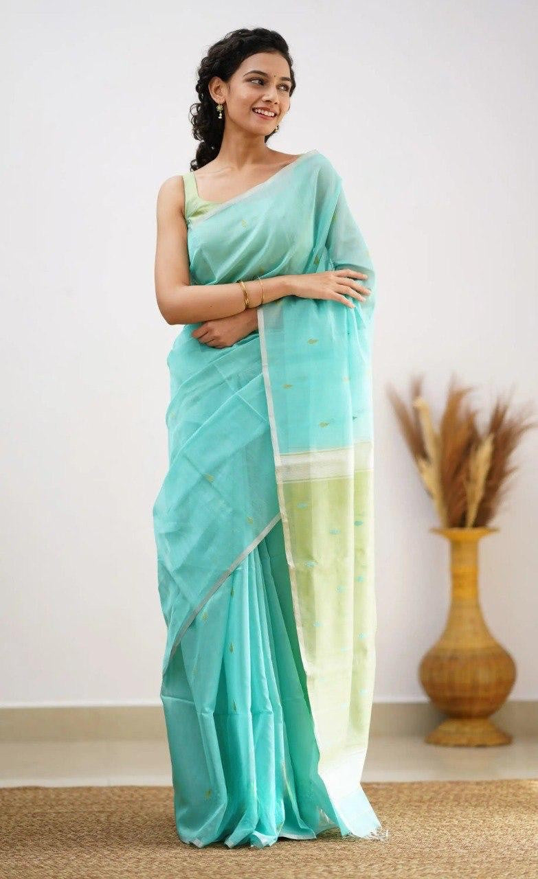 Sky Blue Pure Soft Linen Cotton Silk Saree With Blouse Piece
