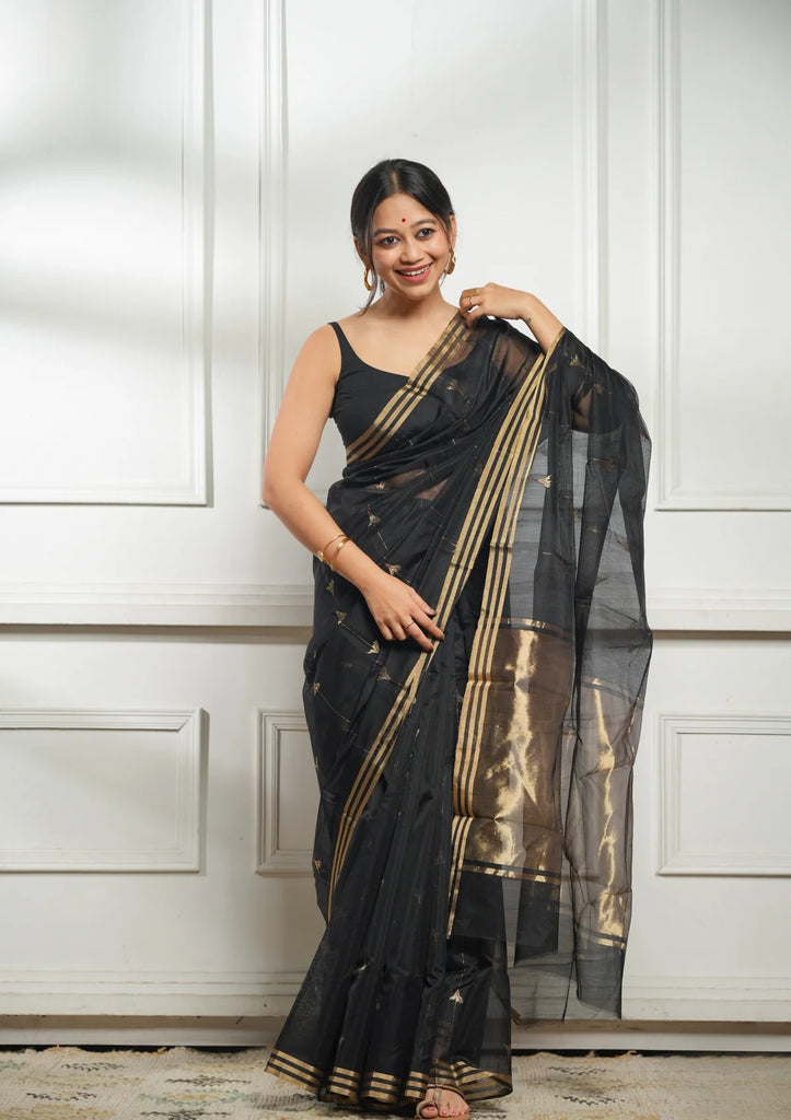Black Rich Pure Linen Cotton Silk Saree With Blouse Piece