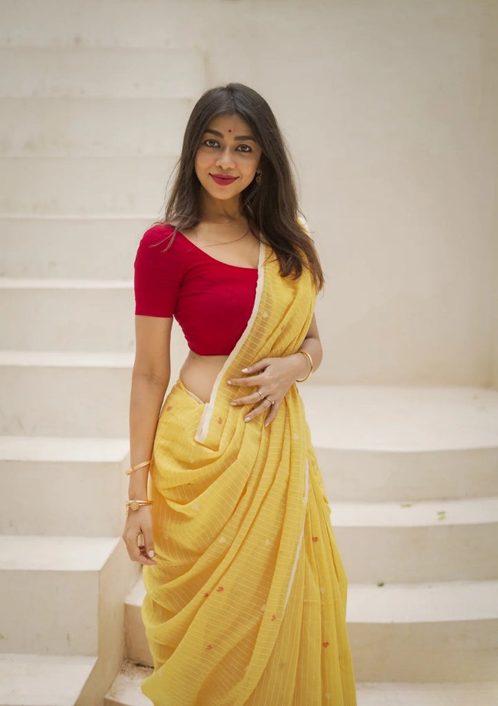 Yellow Soft Cotton Silk Saree With Blouse Piece