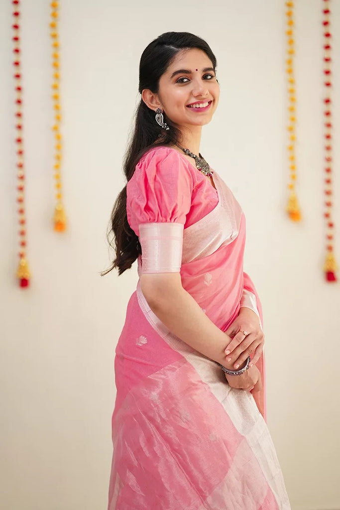 Baby Pink Pure Soft Linen Cotton Silk Saree With Blouse Piece