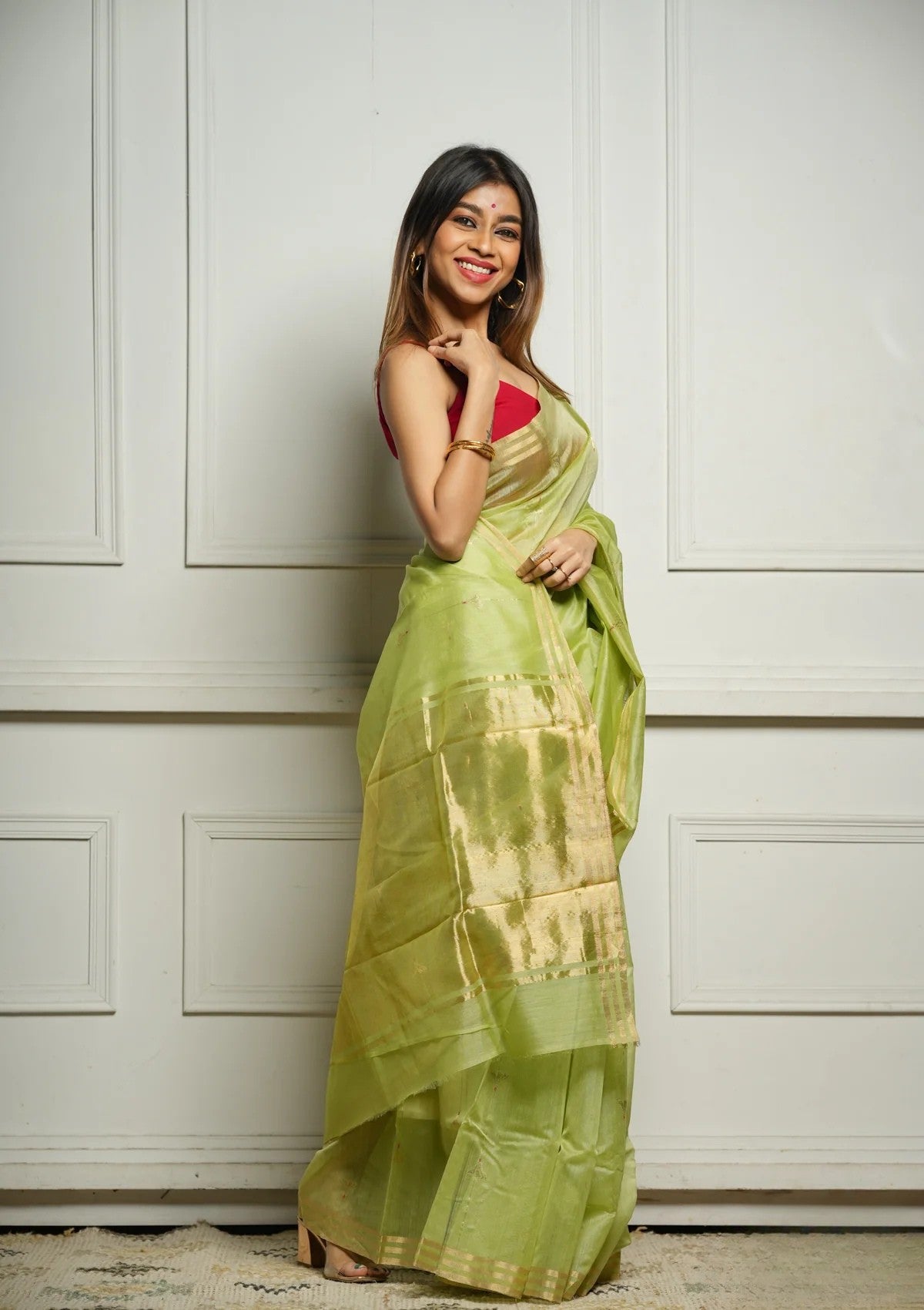Pista Rich Pure Linen Cotton Silk Saree With Blouse Piece